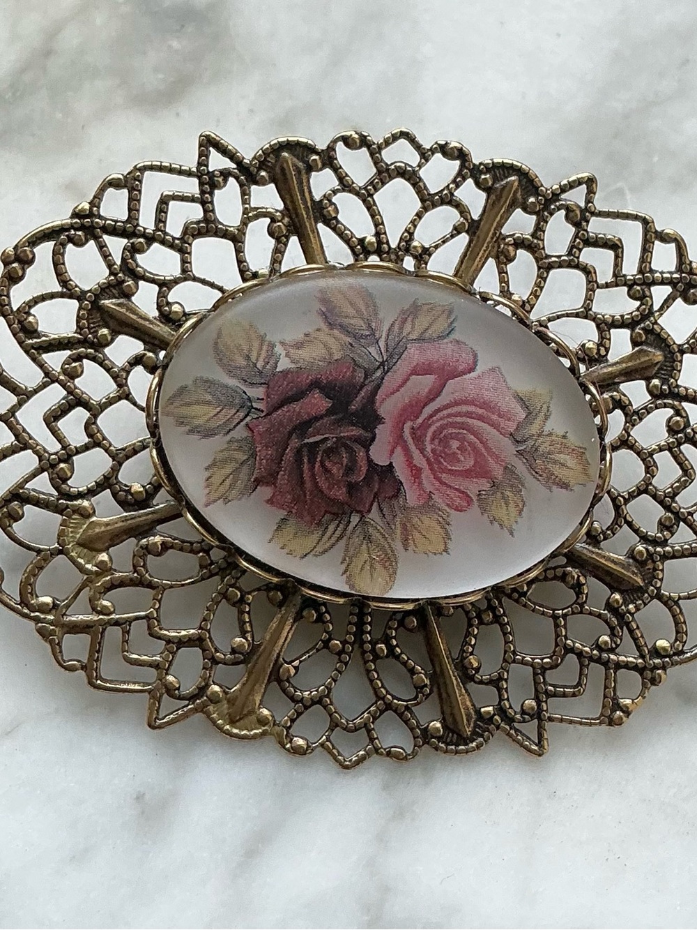 Vintage-Style Pink Rose Filigree Accent Brooch